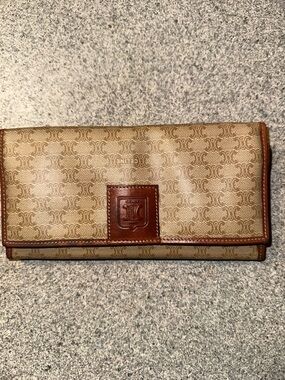 Celine Beige Canvas Triomphe Continental Wallet with Brown Leather Trim